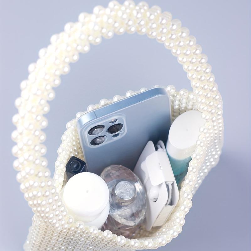 Mini Pearl Decor Handbag Glitter Satchel Bag Beaded Handle Clutch Purse