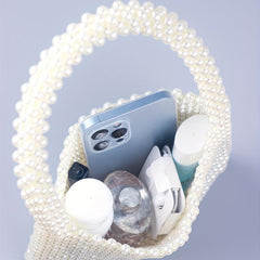 Mini Pearl Decor Handbag Glitter Satchel Bag Beaded Handle Clutch Purse