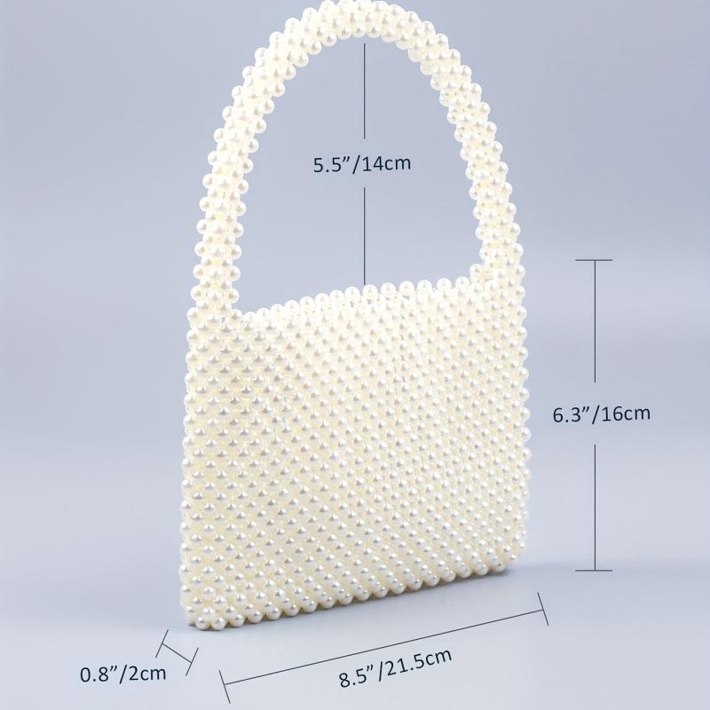 Mini Pearl Decor Handbag Glitter Satchel Bag Beaded Handle Clutch Purse