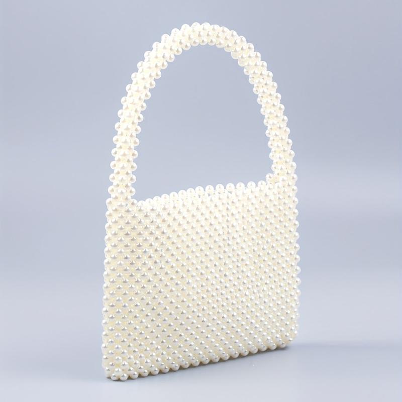 Mini Pearl Decor Handbag Glitter Satchel Bag Beaded Handle Clutch Purse
