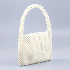 Mini Pearl Decor Handbag Glitter Satchel Bag Beaded Handle Clutch Purse