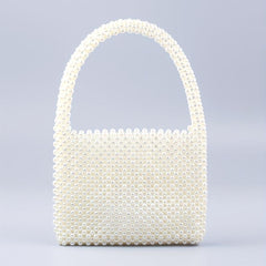 Mini Pearl Decor Handbag Glitter Satchel Bag Beaded Handle Clutch Purse