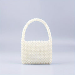 Mini Pearl Decor Handbag Glitter Satchel Bag Beaded Handle Clutch Purse