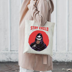 Cartoon Skull Pattern Canvas Shoulder Bag Lightweight Shopper Storage
