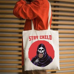 Cartoon Skull Pattern Canvas Shoulder Bag Lightweight Shopper Storage