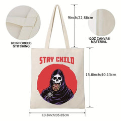 Cartoon Skull Pattern Canvas Shoulder Bag Lightweight Shopper Storage