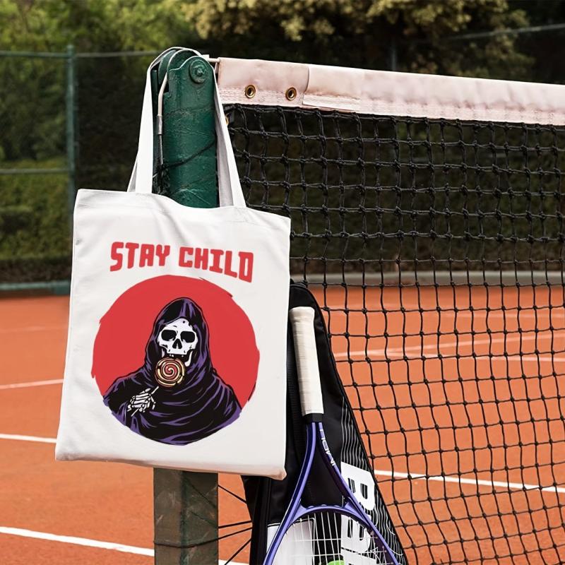 Cartoon Skull Pattern Canvas Shoulder Bag Lightweight Shopper Storage