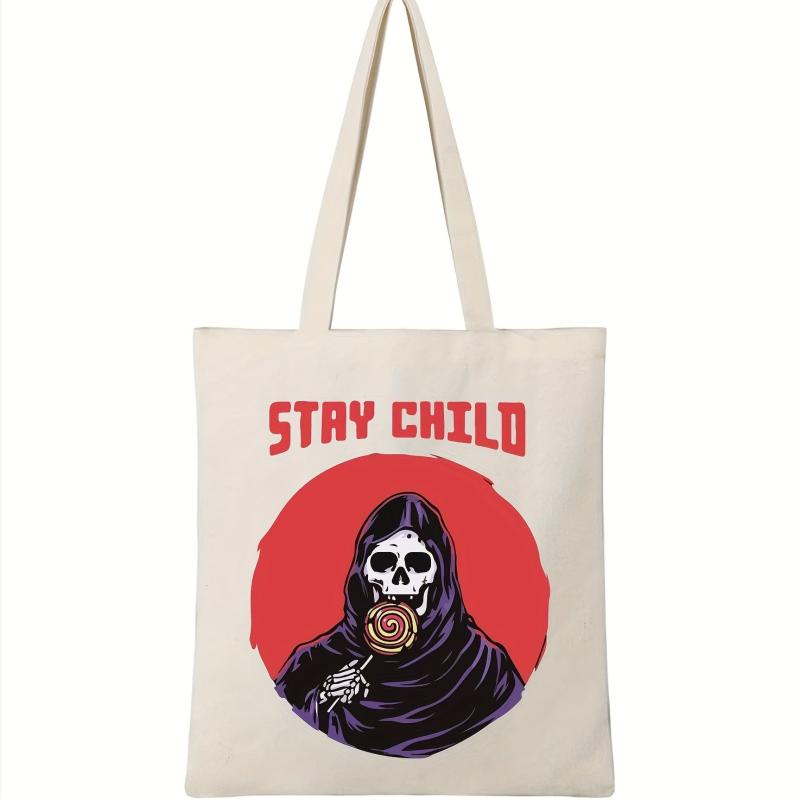 Cartoon Skull Pattern Canvas Shoulder Bag Lightweight Shopper Storage