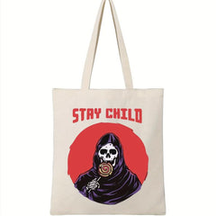 Cartoon Skull Pattern Canvas Shoulder Bag Lightweight Shopper Storage