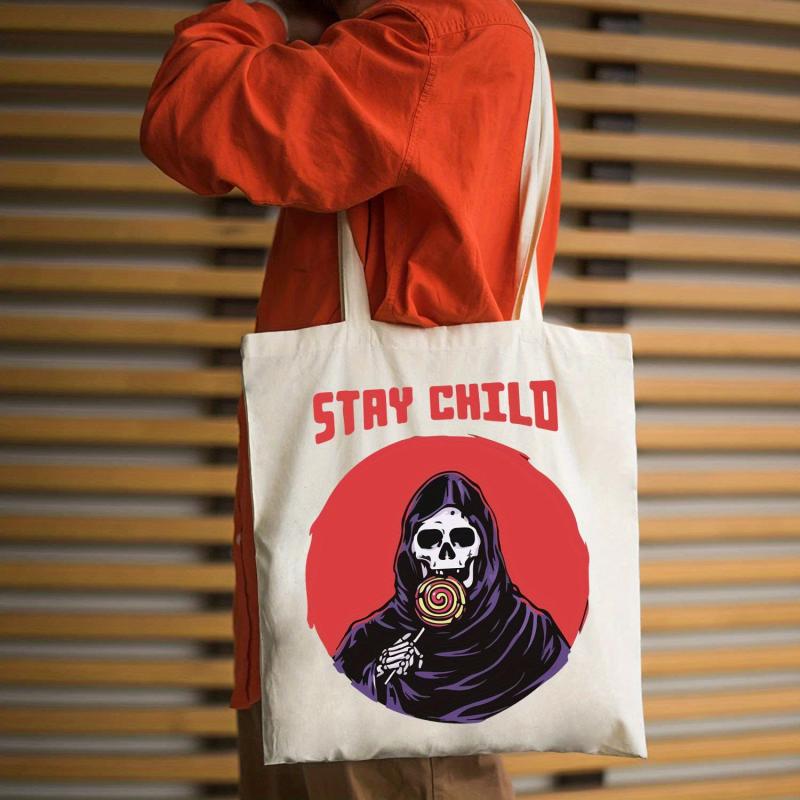 Cartoon Skull Pattern Canvas Shoulder Bag Lightweight Shopper Storage