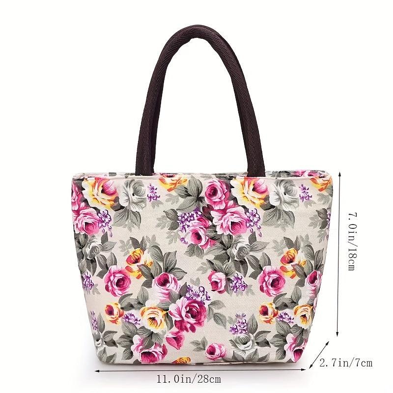 Rose Flower Print Tote Bag Canvas Shoulder Handbag for Going Out & Travel
