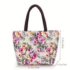 Rose Flower Print Tote Bag Canvas Shoulder Handbag for Going Out & Travel