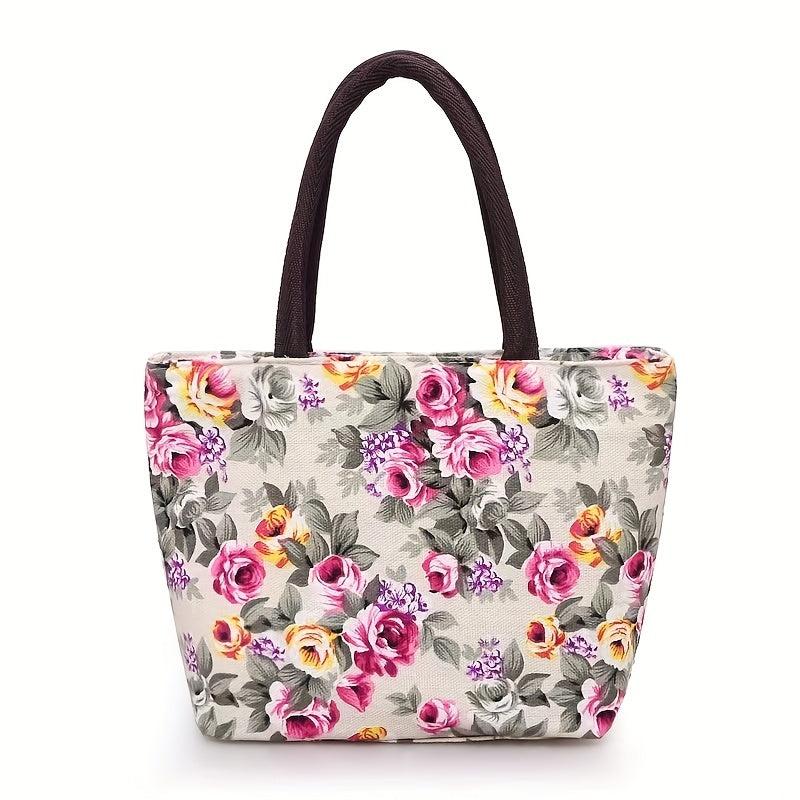 Rose Flower Print Tote Bag Canvas Shoulder Handbag for Going Out & Travel