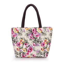 Rose Flower Print Tote Bag Canvas Shoulder Handbag for Going Out & Travel