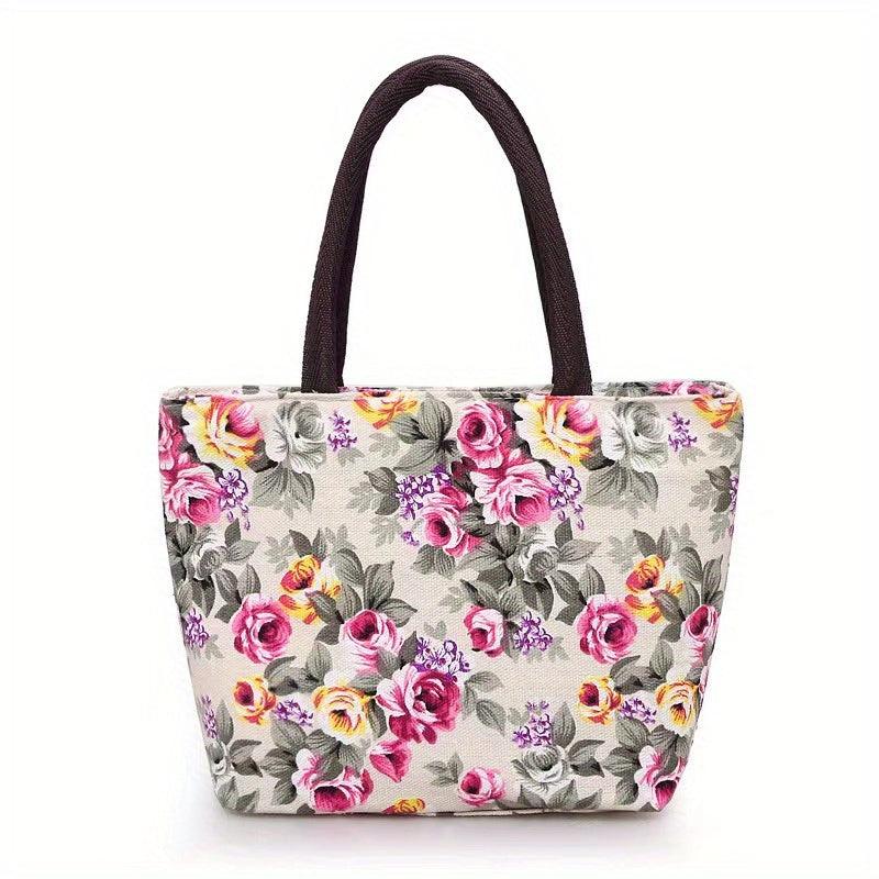 Rose Flower Print Tote Bag Canvas Shoulder Handbag for Going Out & Travel