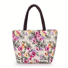 Rose Flower Print Tote Bag Canvas Shoulder Handbag for Going Out & Travel