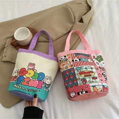 Cartoon Bucket Bag Canvas Lunch Bag Lightweight Portable Mommy Bento Bag