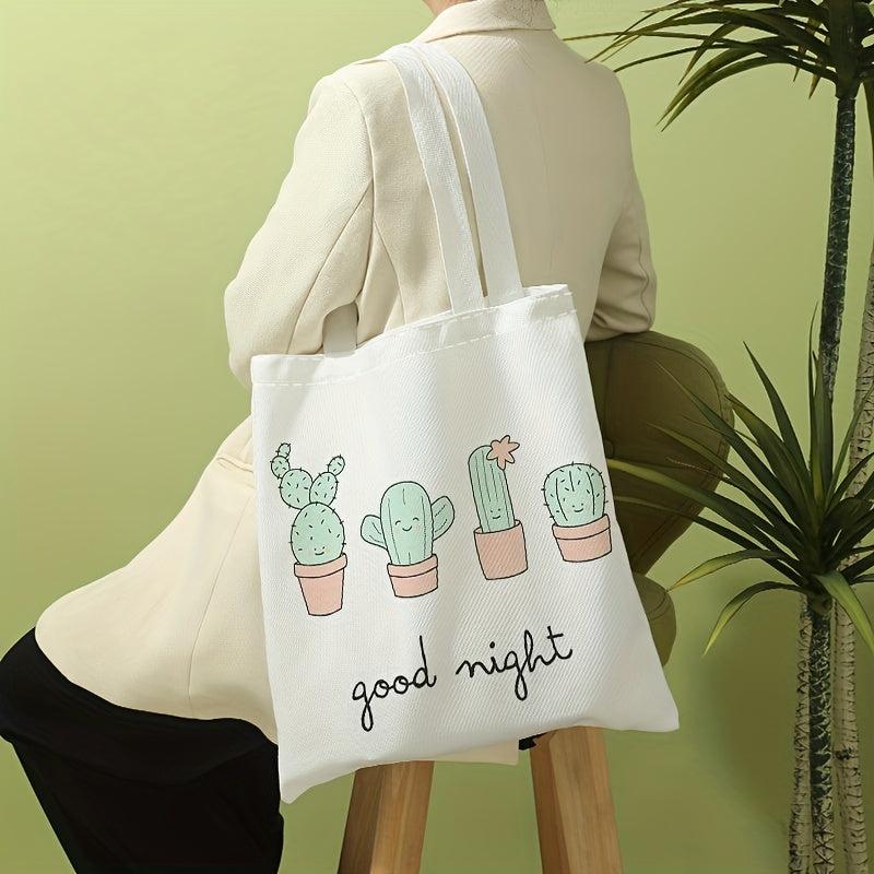 Cactus Print Canvas Tote Bag Large Capacity Shoulder Bag