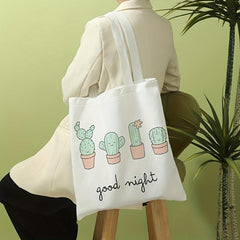 Cactus Print Canvas Tote Bag Large Capacity Shoulder Bag