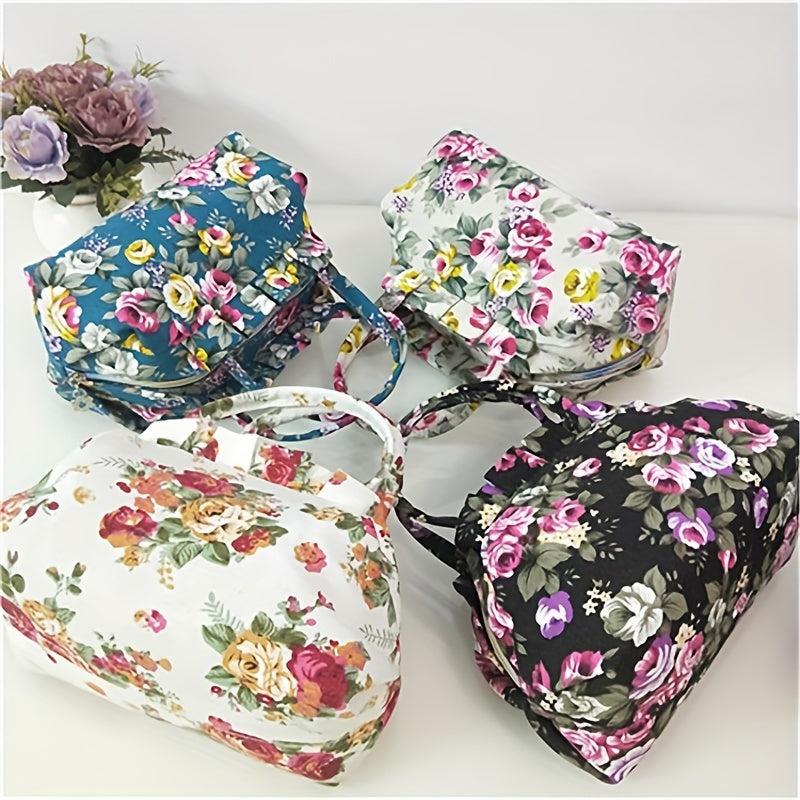 Small Floral Print Purse Bag Canvas Portable Grocery Handbag
