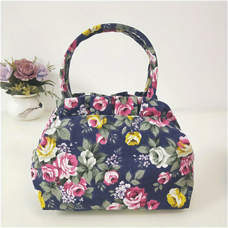 Small Floral Print Purse Bag Canvas Portable Grocery Handbag