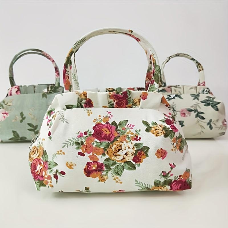 Small Floral Print Purse Bag Canvas Portable Grocery Handbag