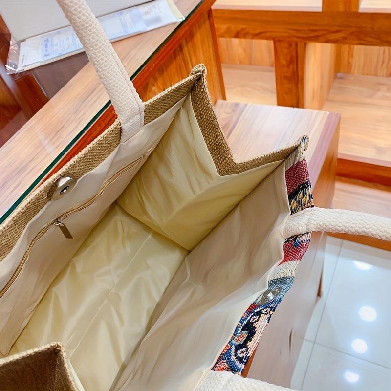 Pattern Gunny Tote Bag Top Handle Large Capacity Square Shopping Bag
