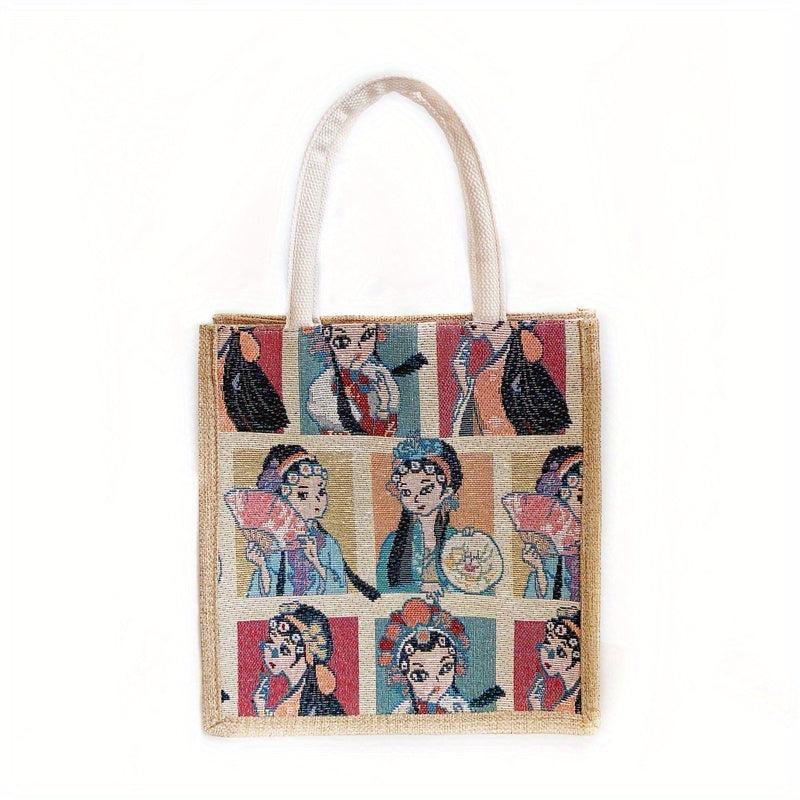 Pattern Gunny Tote Bag Top Handle Large Capacity Square Shopping Bag