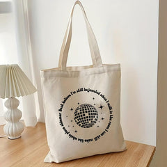 Letter Print Canvas Shopping Bag Lightweight Shoulder Bag Tote Bag