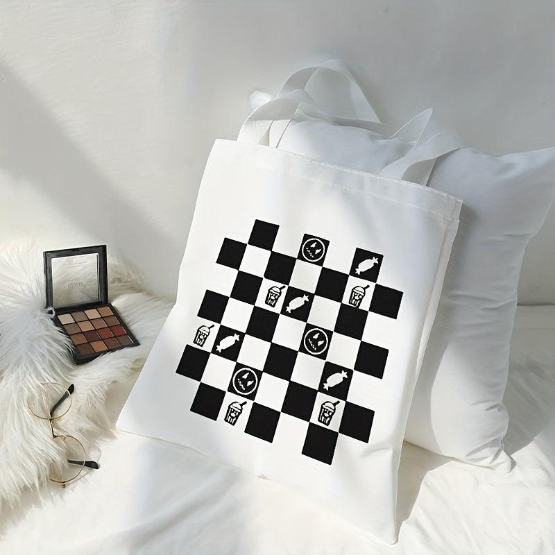 Checkerboard Print Canvas Tote Bag Large Capacity Shoulder Bag