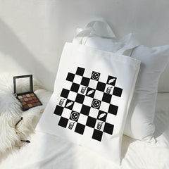 Checkerboard Print Canvas Tote Bag Large Capacity Shoulder Bag