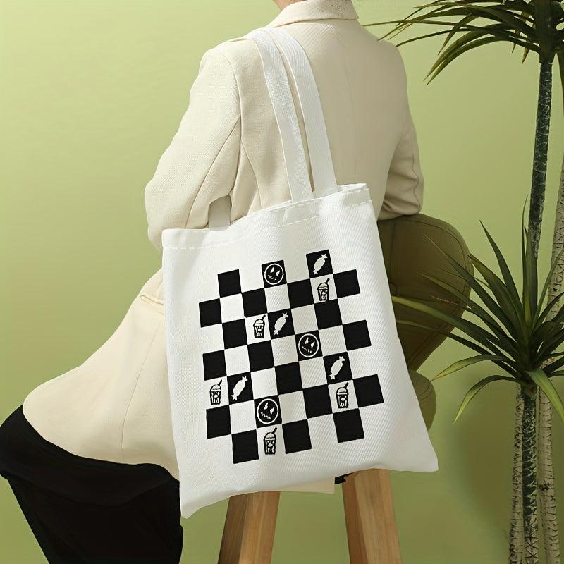 Checkerboard Print Canvas Tote Bag Large Capacity Shoulder Bag