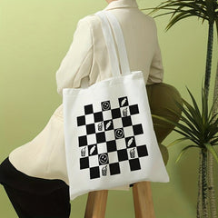 Checkerboard Print Canvas Tote Bag Large Capacity Shoulder Bag