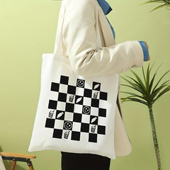 Checkerboard Print Canvas Tote Bag Large Capacity Shoulder Bag