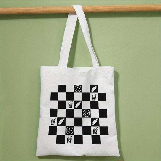 Checkerboard Print Canvas Tote Bag Large Capacity Shoulder Bag