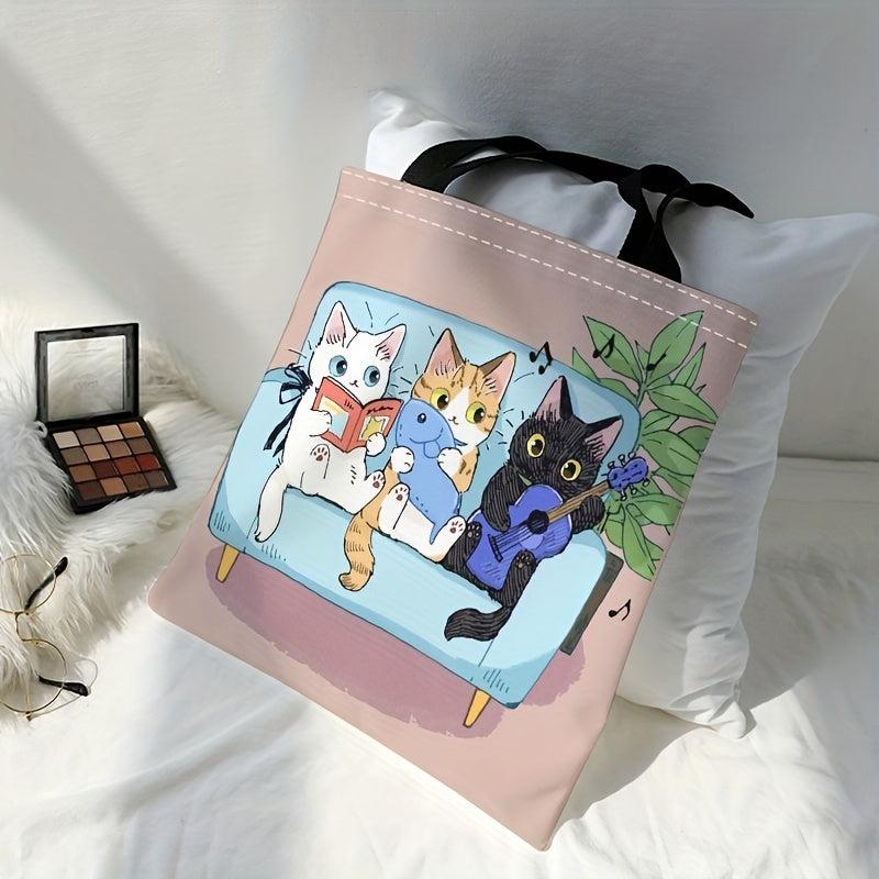 Music Cats Canvas Tote Bag Cartoon Printed Travel Beach Shoulder Bag