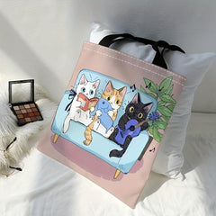 Music Cats Canvas Tote Bag Cartoon Printed Travel Beach Shoulder Bag