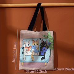 Music Cats Canvas Tote Bag Cartoon Printed Travel Beach Shoulder Bag