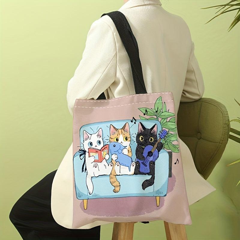 Music Cats Canvas Tote Bag Cartoon Printed Travel Beach Shoulder Bag