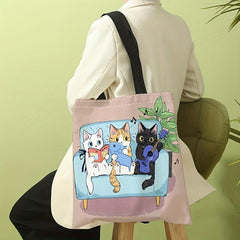 Music Cats Canvas Tote Bag Cartoon Printed Travel Beach Shoulder Bag
