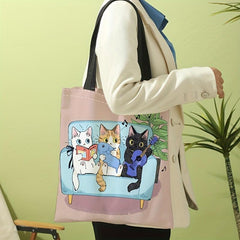 Music Cats Canvas Tote Bag Cartoon Printed Travel Beach Shoulder Bag
