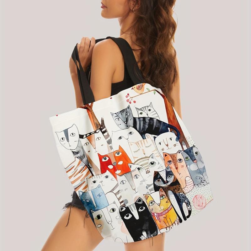 Cat Print Tote Bag Summer Travel Beach Shoulder Bag