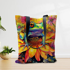 Frog Flower Pattern Canvas Tote Bag