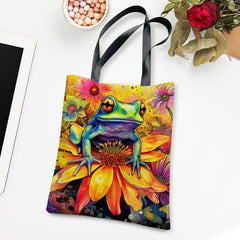 Frog Flower Pattern Canvas Tote Bag