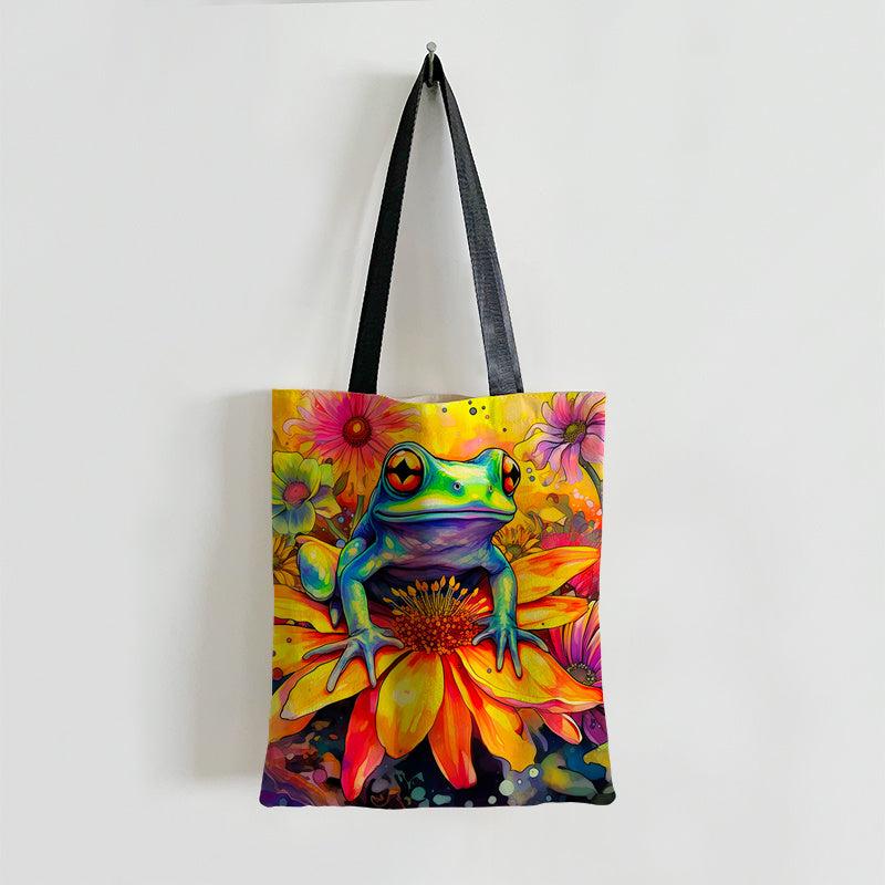 Frog Flower Pattern Canvas Tote Bag