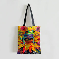 Frog Flower Pattern Canvas Tote Bag