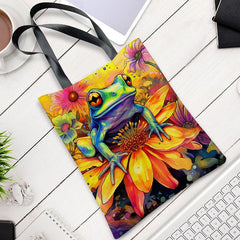 Frog Flower Pattern Canvas Tote Bag