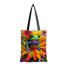 Frog Flower Pattern Canvas Tote Bag