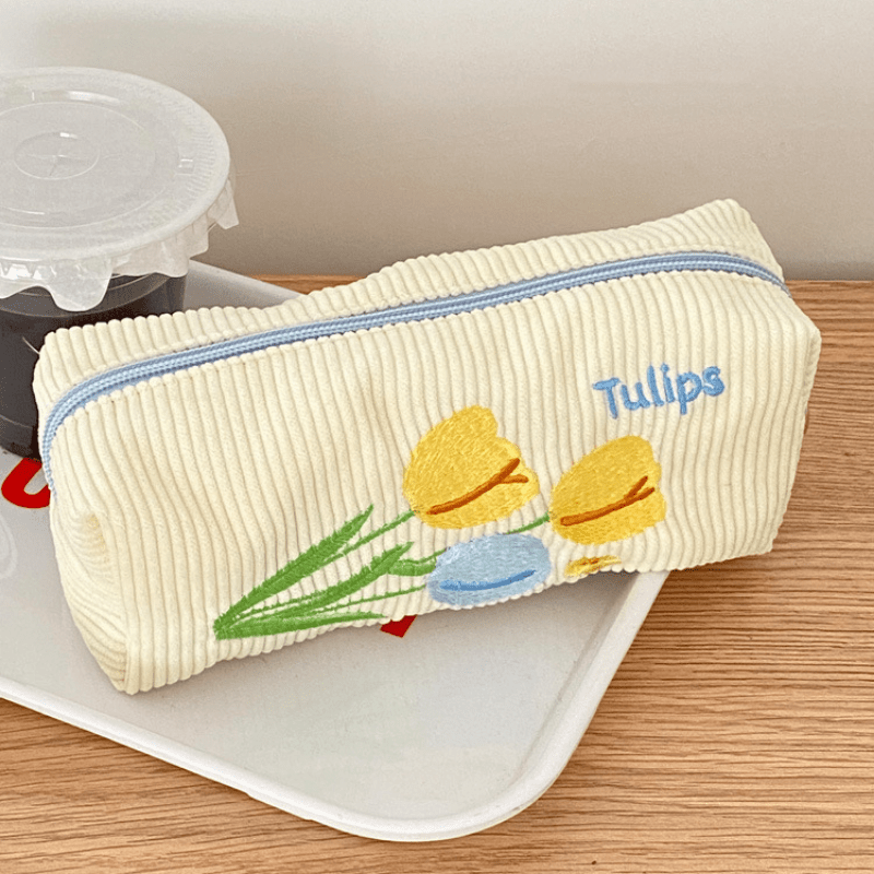 Tulip Flower Embroidery Pencil Case Corduroy Storage Bag