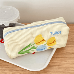 Tulip Flower Embroidery Pencil Case Corduroy Storage Bag